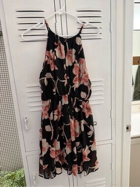 Lush Black Floral Halter Dress with Pink and Cream Blooms